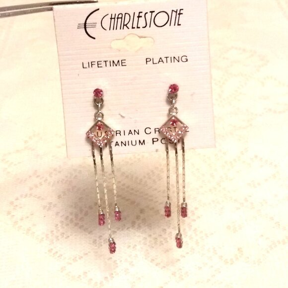 NEW Silver Plated Pink Crystal Long Drop Dangle Earrings Jewelry Gifts - Picture 2 of 7